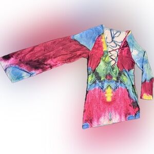Vibrant Boho Heart Multicolor Long Sleeve Top with tie up front